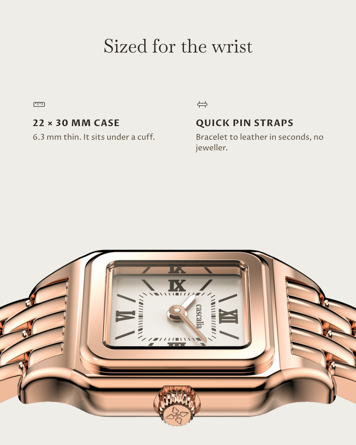 Lume Rosegold: 22 × 30 mm case, 6.3 mm thick