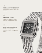 Lume Steel: 10 bar water resistant, sapphire glass, lifetime guarantee