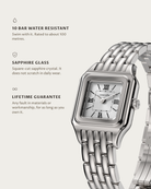 Lume Steel: 10 bar water resistant, sapphire glass, lifetime guarantee
