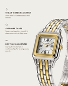 Lume two tone: 10 bar water resistant, sapphire glass, lifetime guarantee