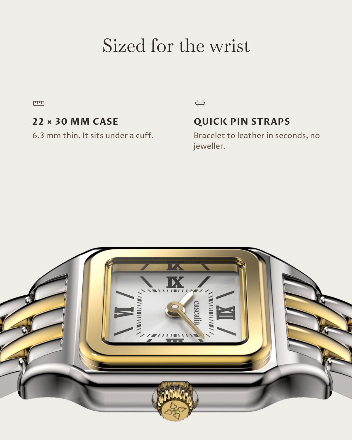 Lume two tone: 22 × 30 mm case, 6.3 mm thick