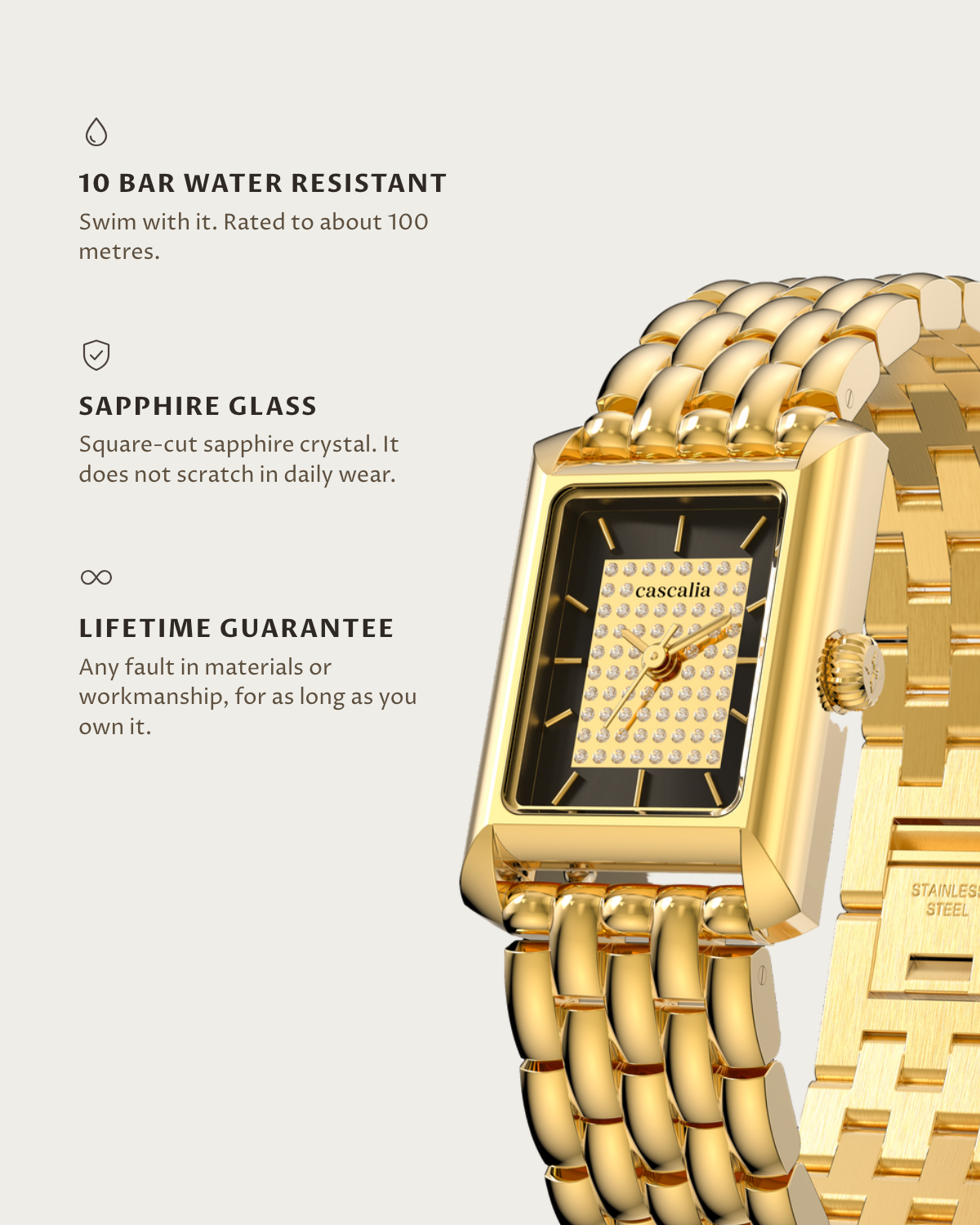 Muse Gold: 10 bar water resistant, sapphire glass, lifetime guarantee