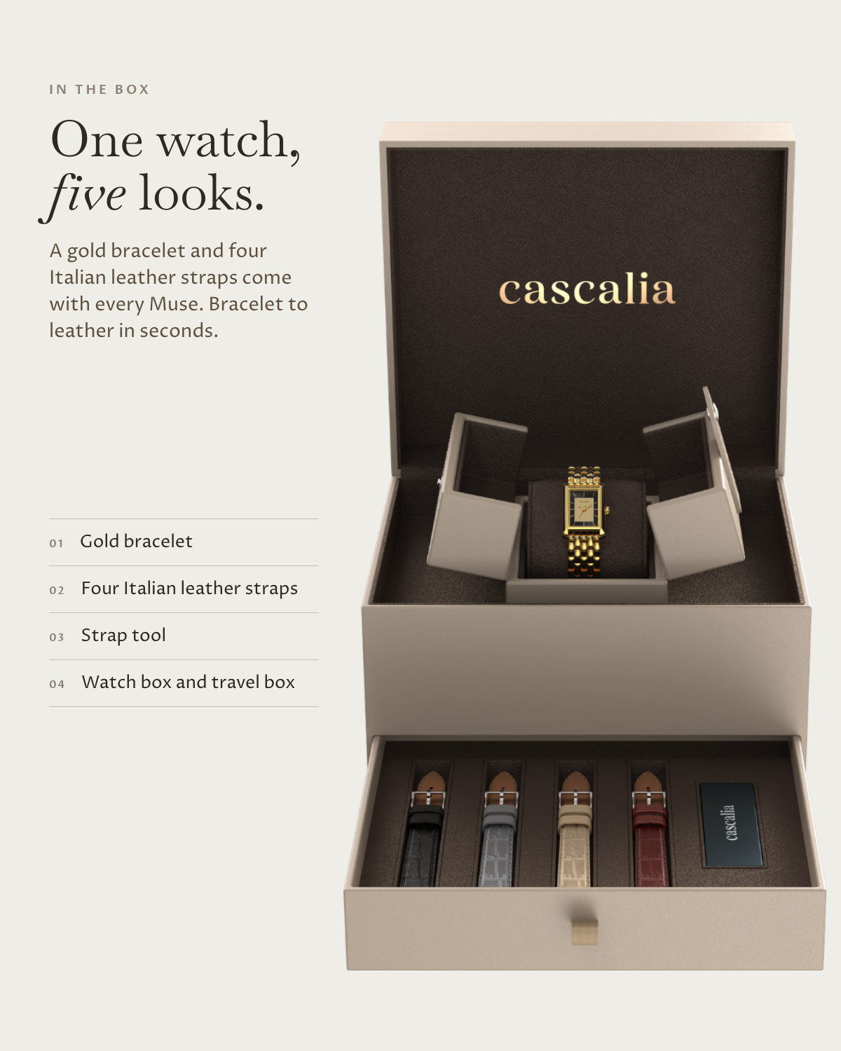 Muse Gold in the box: gold bracelet, four Italian leather straps, watch box and travel box