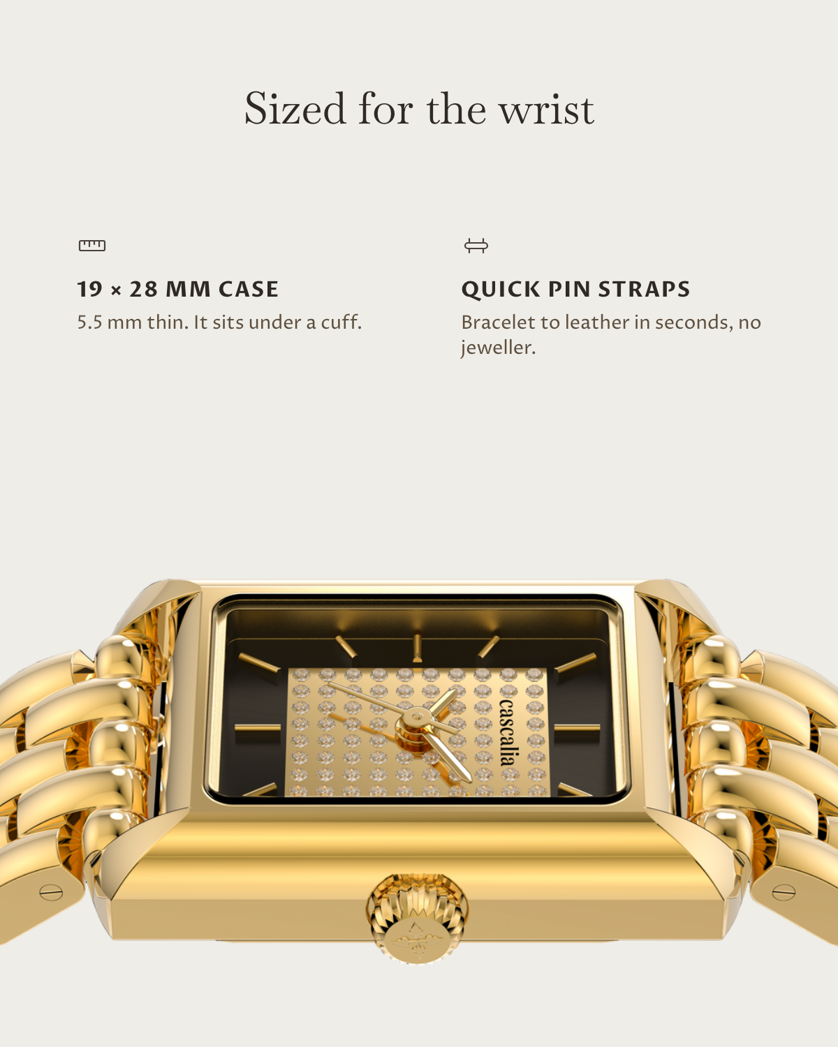 Muse Gold: 19 × 28 mm case, 5.5 mm thick