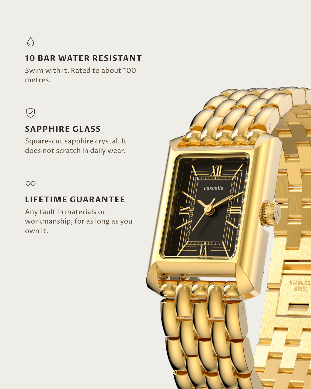 Muse Gold: 10 bar water resistant, sapphire glass, lifetime guarantee