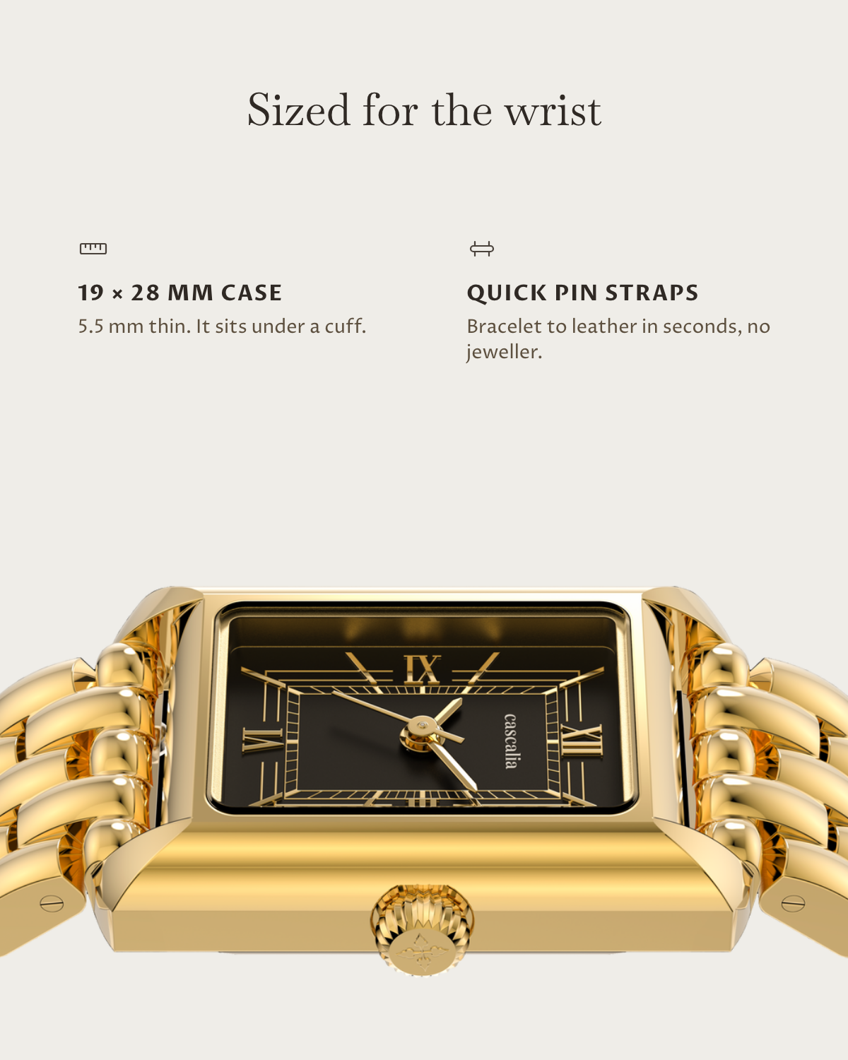 Muse Gold: 19 × 28 mm case, 5.5 mm thick