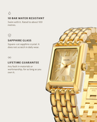 Muse Gold Diamond: 10 bar water resistant, sapphire glass, lifetime guarantee