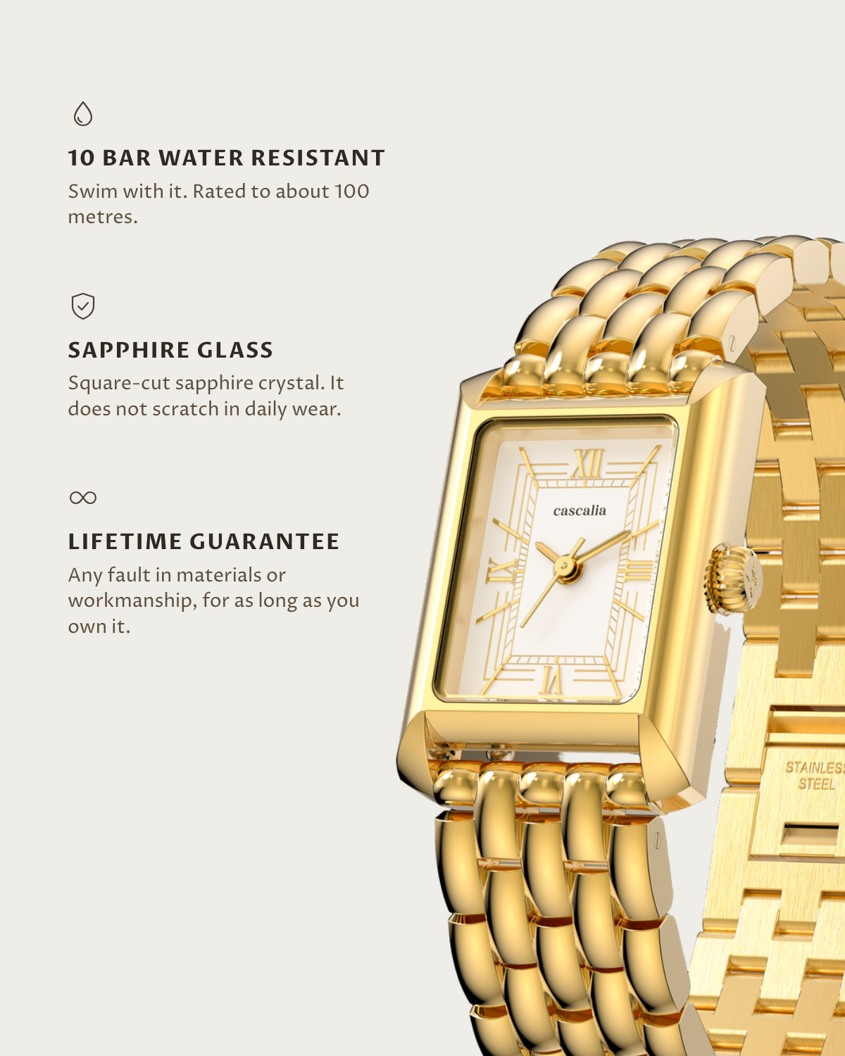 Muse Gold: 10 bar water resistant, sapphire glass, lifetime guarantee