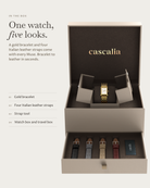 Muse Gold in the box: gold bracelet, four Italian leather straps, watch box and travel box