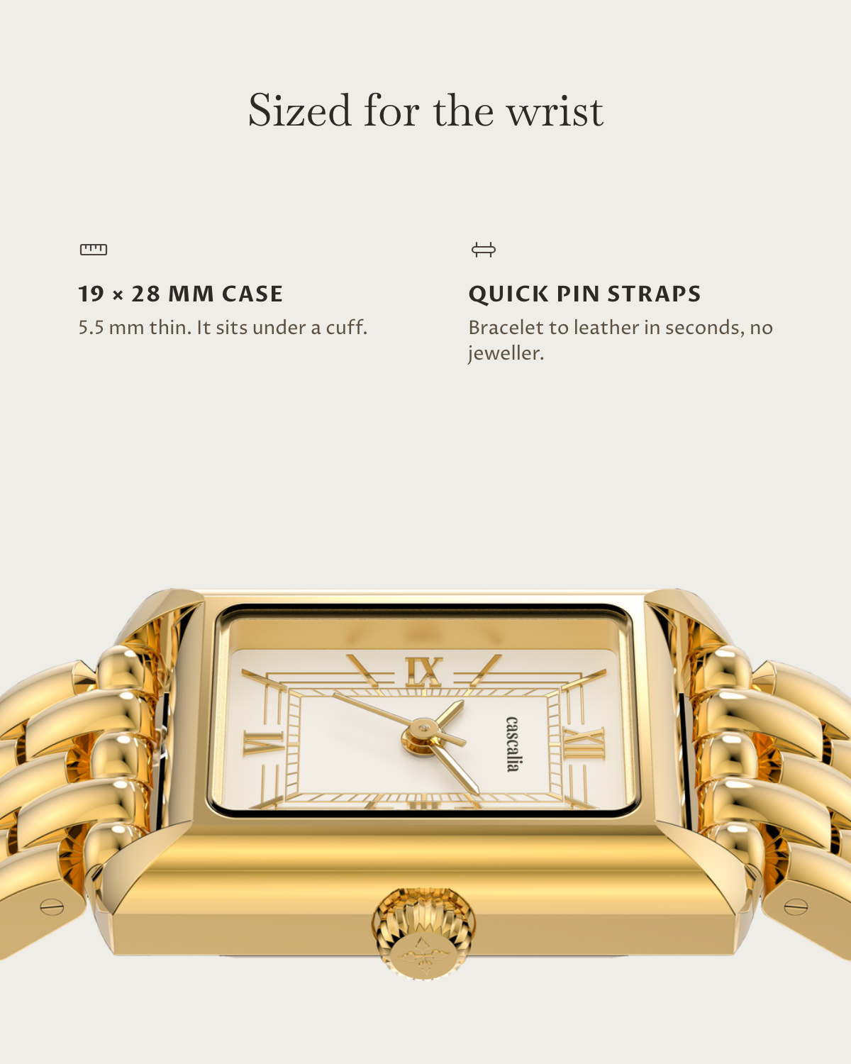 Muse Gold: 19 × 28 mm case, 5.5 mm thick