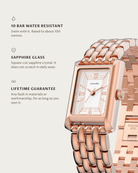 Muse Rosegold: 10 bar water resistant, sapphire glass, lifetime guarantee