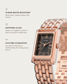 Muse Rosegold: 10 bar water resistant, sapphire glass, lifetime guarantee