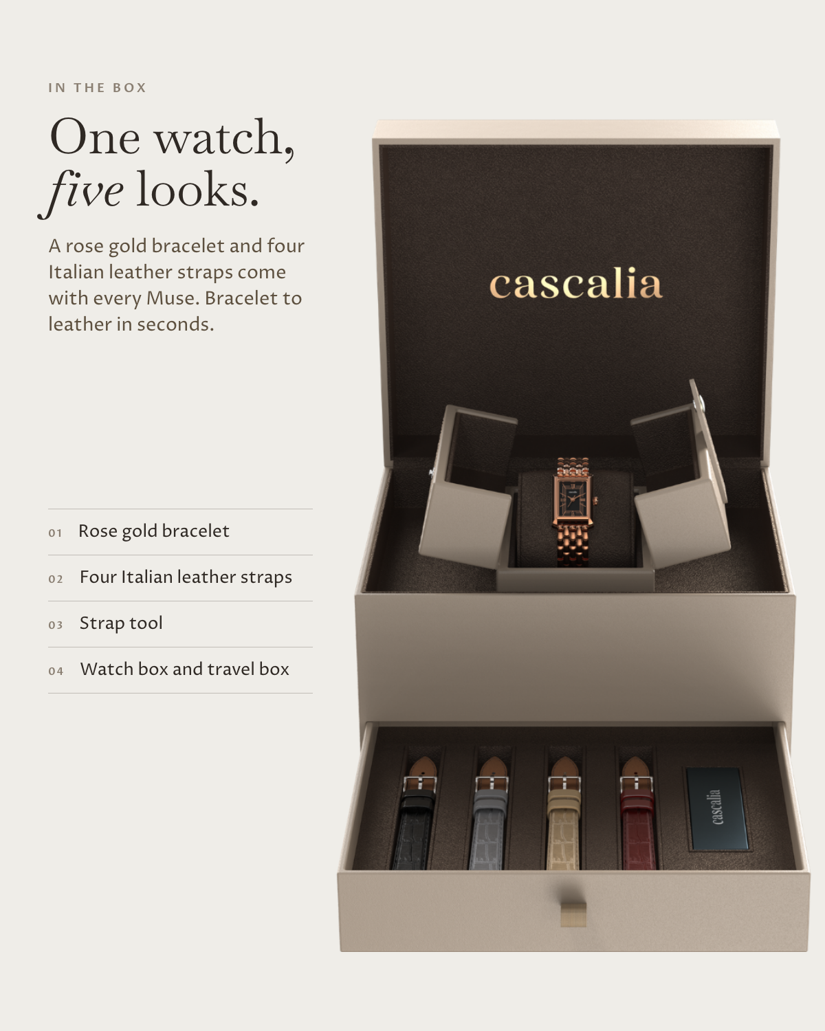 Muse Rosegold in the box: rose gold bracelet, four Italian leather straps, watch box and travel box