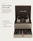 Muse Rosegold in the box: rose gold bracelet, four Italian leather straps, watch box and travel box