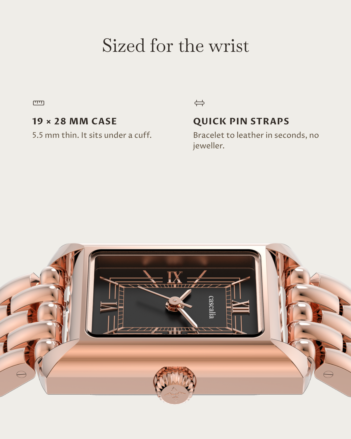 Muse Rosegold: 19 × 28 mm case, 5.5 mm thick