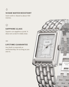Muse Steel: 10 bar water resistant, sapphire glass, lifetime guarantee