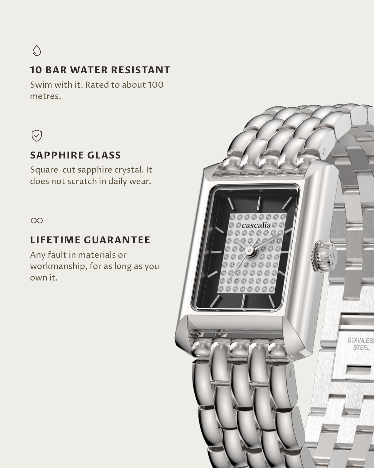 Muse Steel Diamond: 10 bar water resistant, sapphire glass, lifetime guarantee