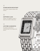Muse Steel Diamond: 10 bar water resistant, sapphire glass, lifetime guarantee
