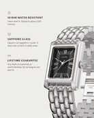 Muse Steel: 10 bar water resistant, sapphire glass, lifetime guarantee
