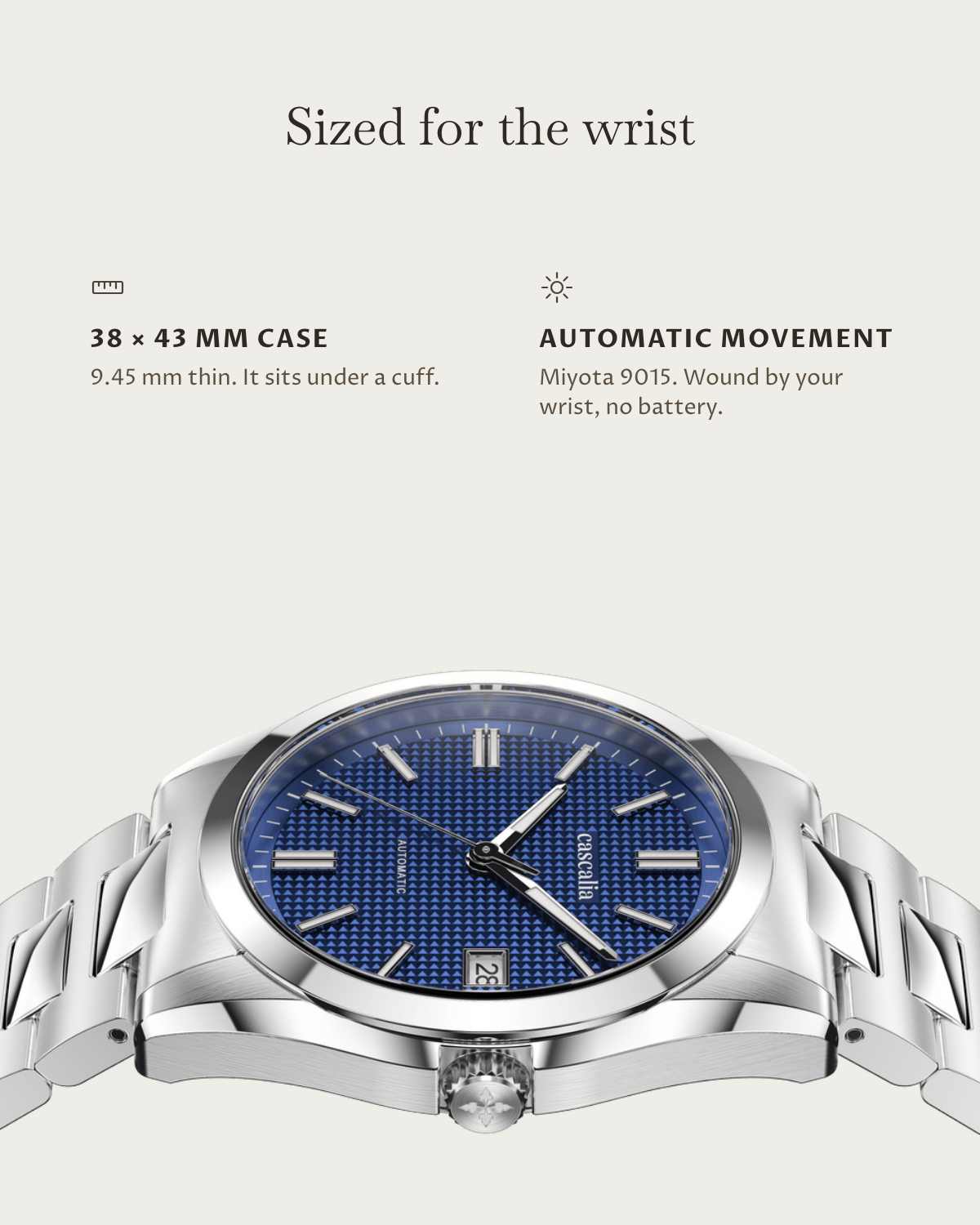 Solara Automatic Blue: 38 × 43 mm case, 9.45 mm thick