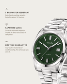 Solara Automatic Green: 5 bar water resistant, sapphire glass, lifetime guarantee