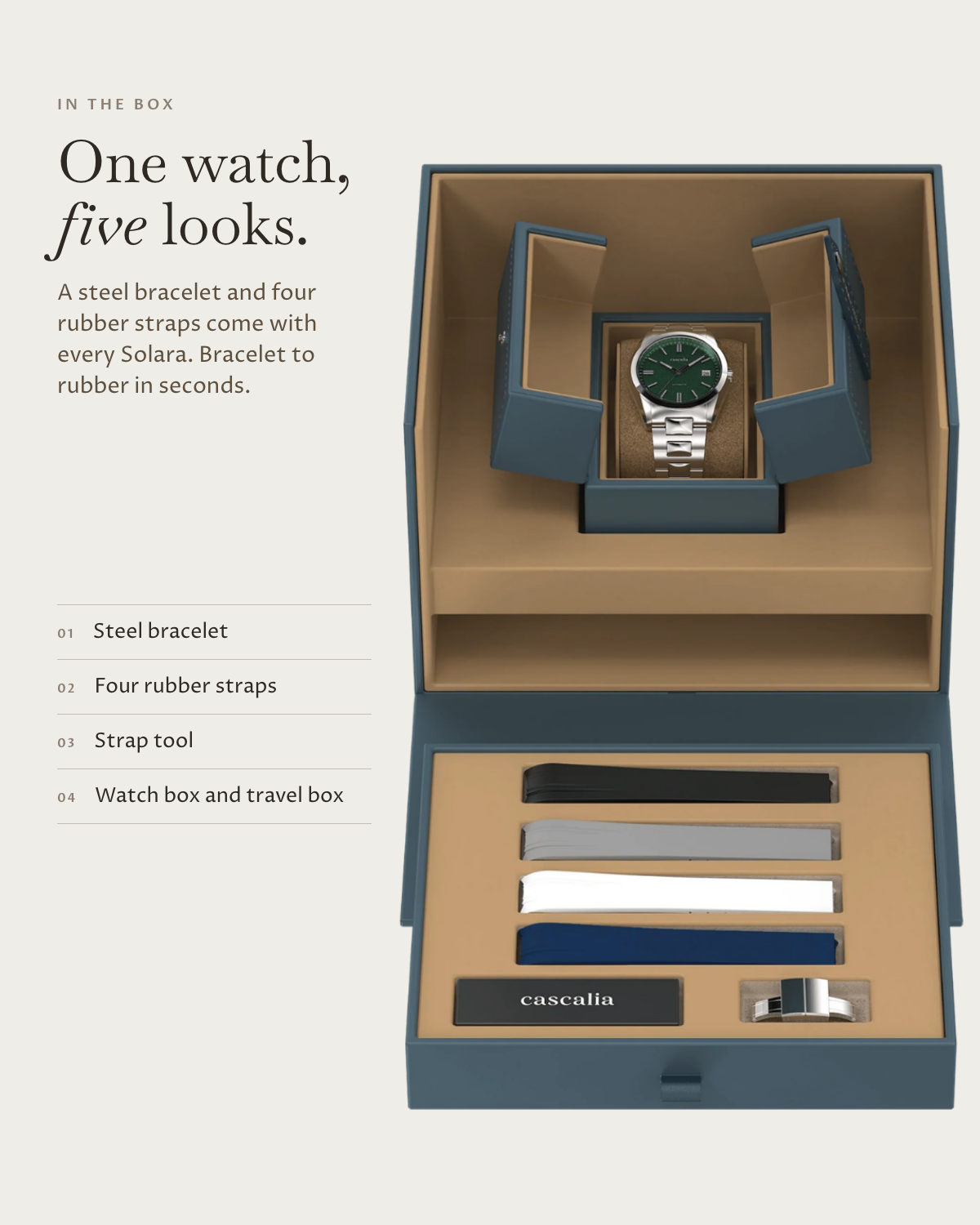 Solara Automatic Green in the box: steel bracelet, four rubber straps, watch box and travel box
