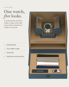 Solara Automatic Green in the box: steel bracelet, four rubber straps, watch box and travel box