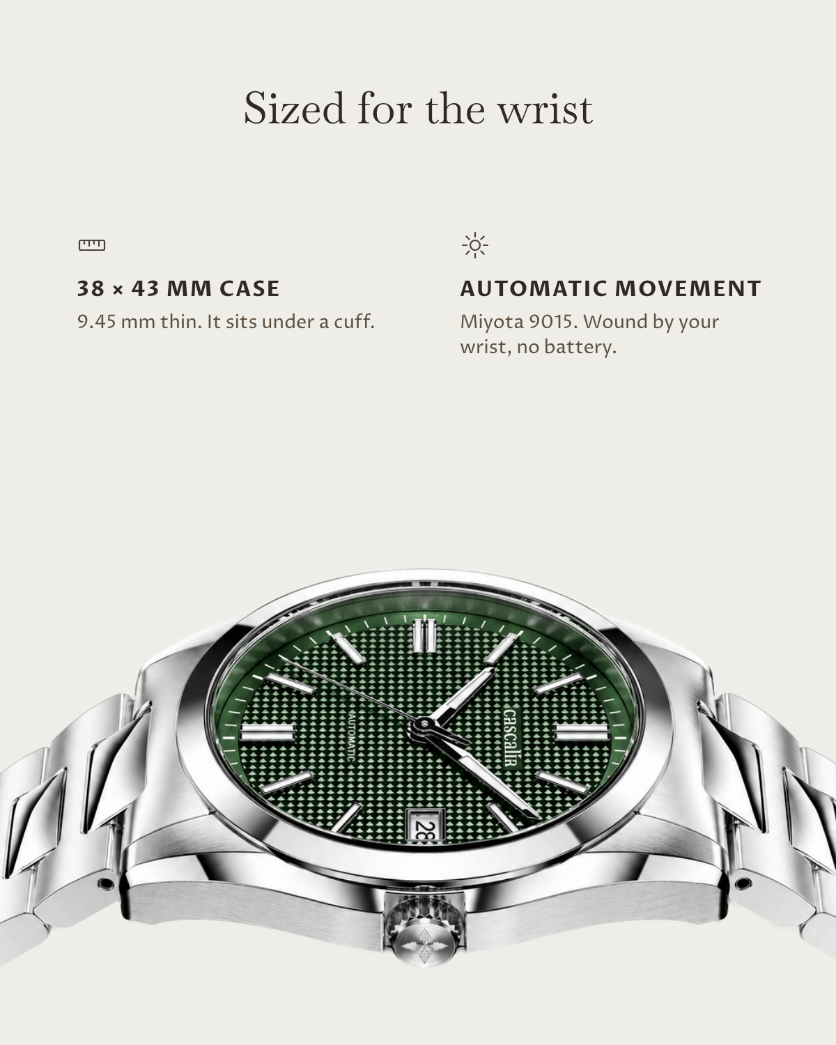 Solara Automatic Green: 38 × 43 mm case, 9.45 mm thick