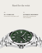 Solara Automatic Green: 38 × 43 mm case, 9.45 mm thick