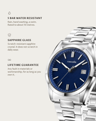 Solara Quartz Blue: 5 bar water resistant, sapphire glass, lifetime guarantee