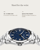 Solara Quartz Blue: 38 × 43 mm case, 8.2 mm thick
