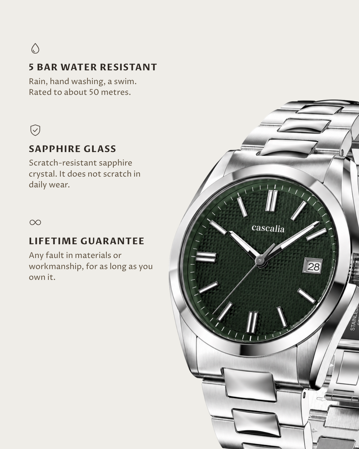 Solara Quartz Green: 5 bar water resistant, sapphire glass, lifetime guarantee