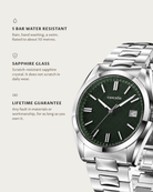 Solara Quartz Green: 5 bar water resistant, sapphire glass, lifetime guarantee