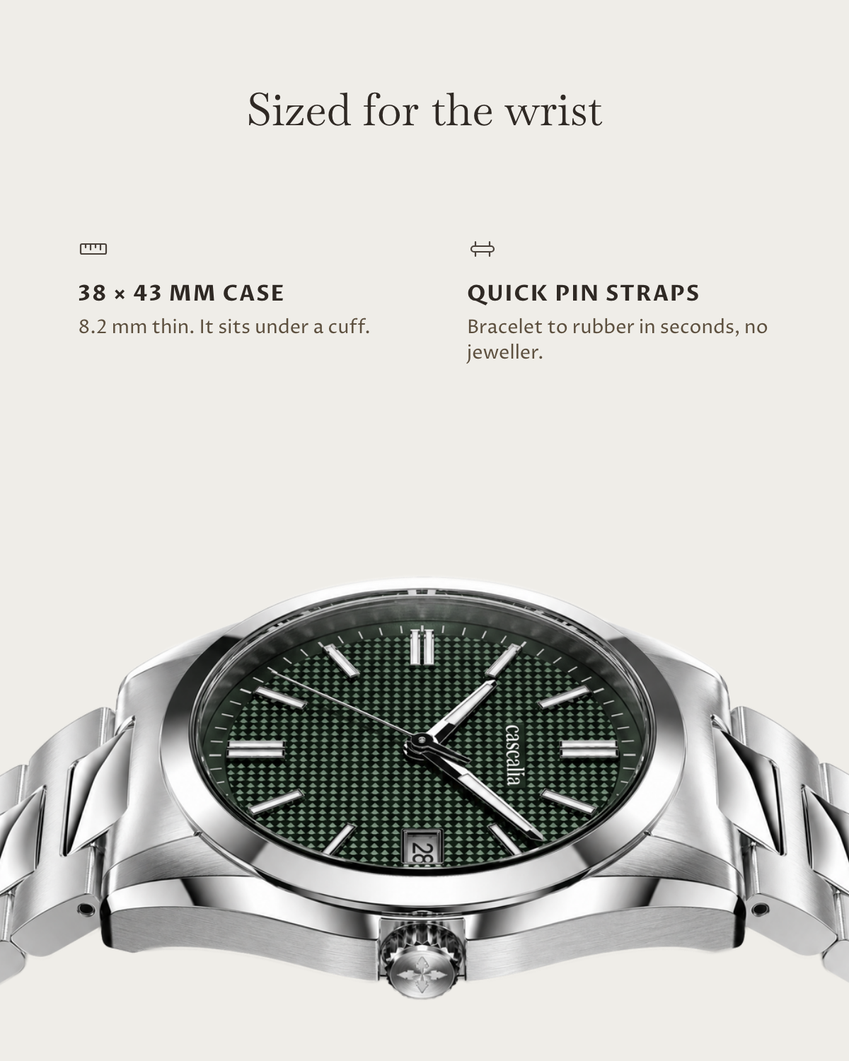 Solara Quartz Green: 38 × 43 mm case, 8.2 mm thick