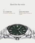 Solara Quartz Green: 38 × 43 mm case, 8.2 mm thick