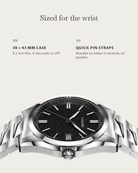 Solara Quartz Black: 38 × 43 mm case, 8.2 mm thick