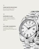 Solara Quartz White: 5 bar water resistant, sapphire glass, lifetime guarantee