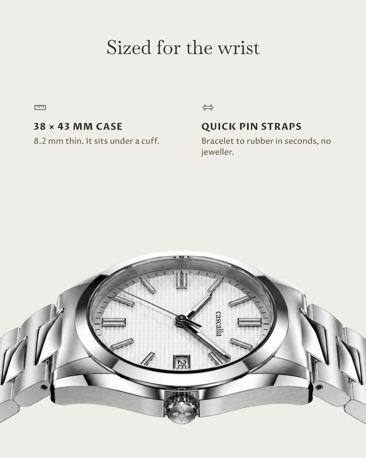 Solara Quartz White: 38 × 43 mm case, 8.2 mm thick