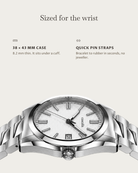 Solara Quartz White: 38 × 43 mm case, 8.2 mm thick