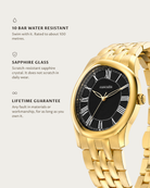 Tero Gold Black: 10 bar water resistant, sapphire glass, lifetime guarantee