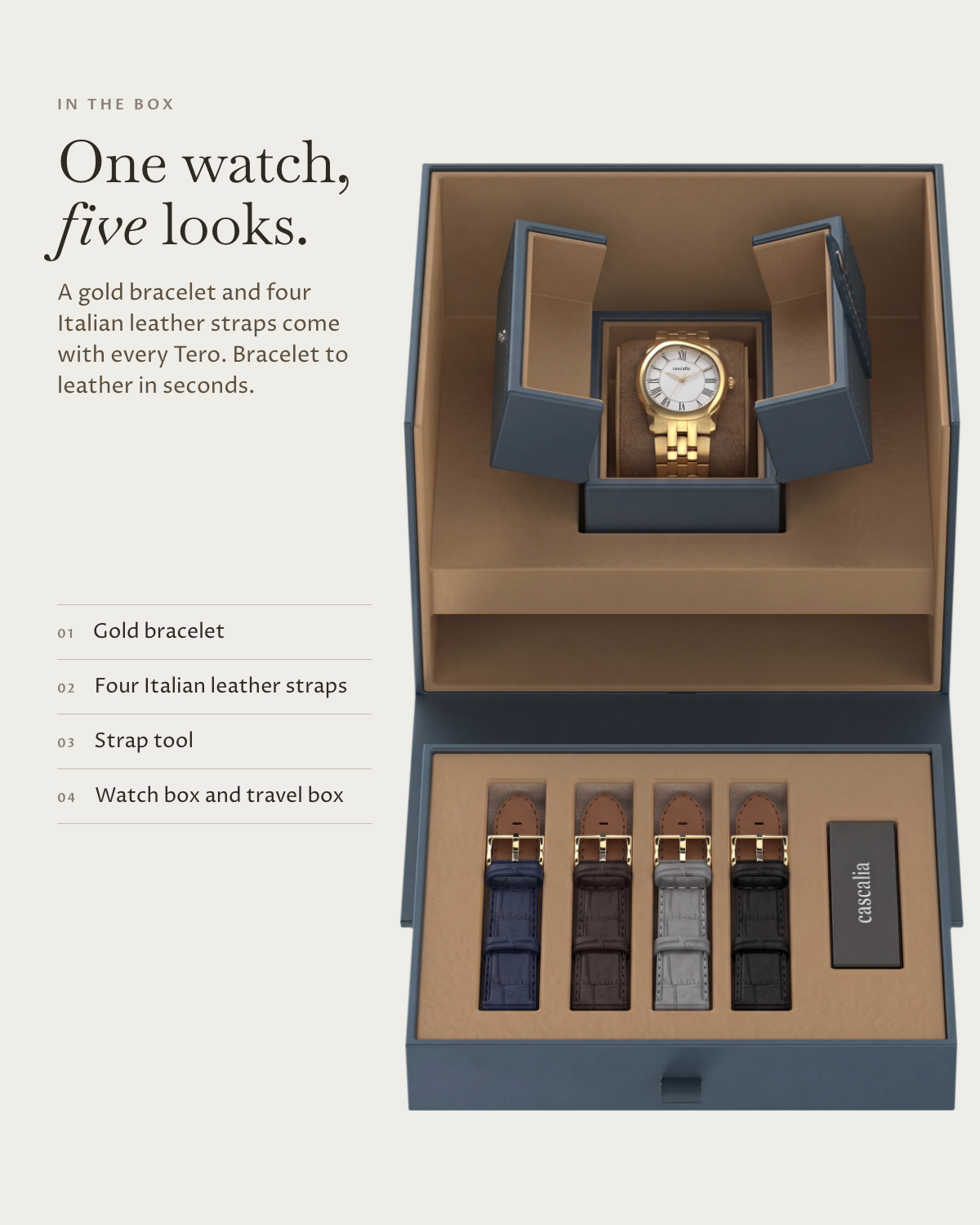 Tero Gold White in the box: gold bracelet, four Italian leather straps, watch box and travel box