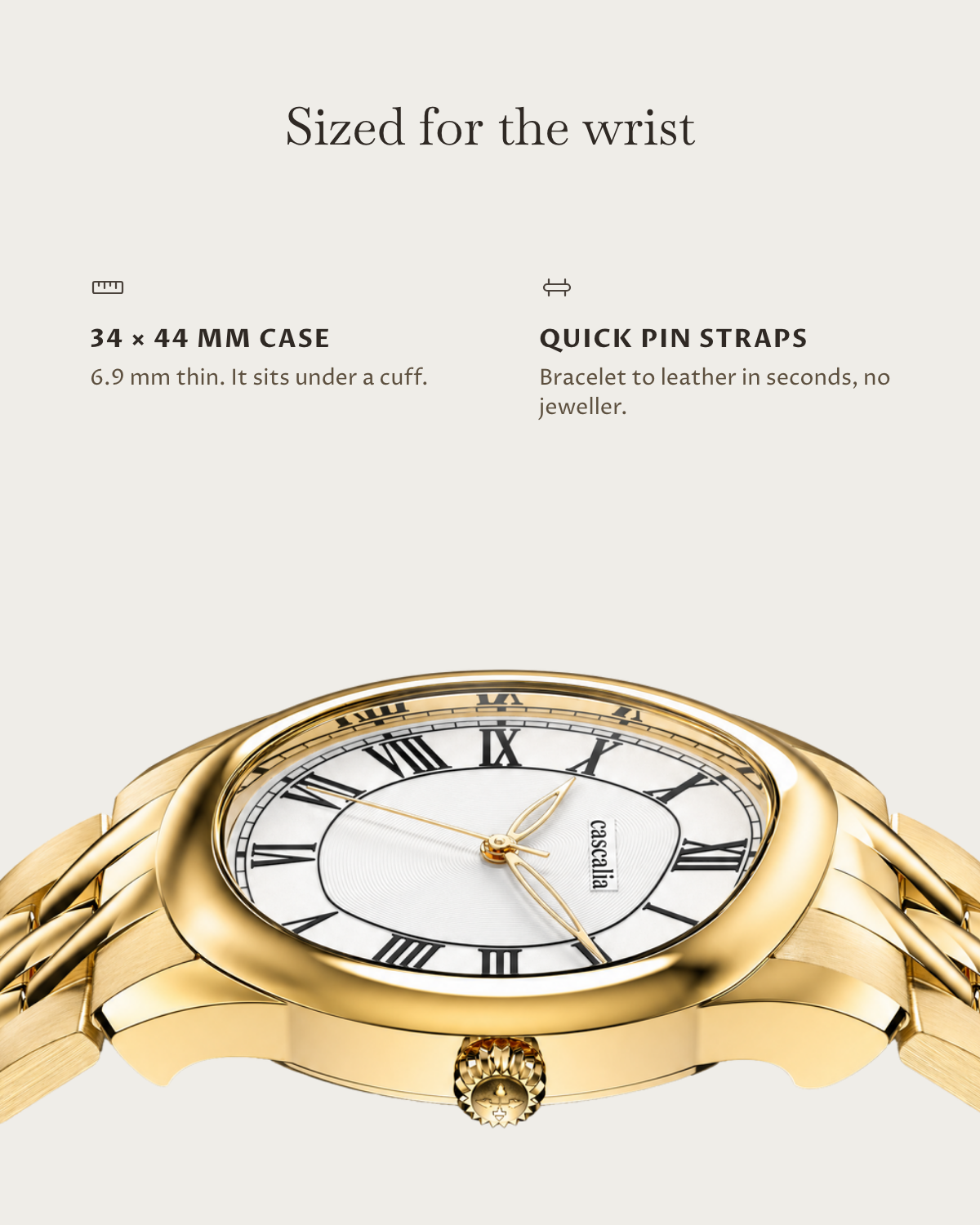 Tero Gold White: 34 × 44 mm case, 6.9 mm thick