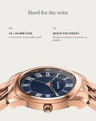 Tero Rosegold Blue: 34 × 44 mm case, 6.9 mm thick
