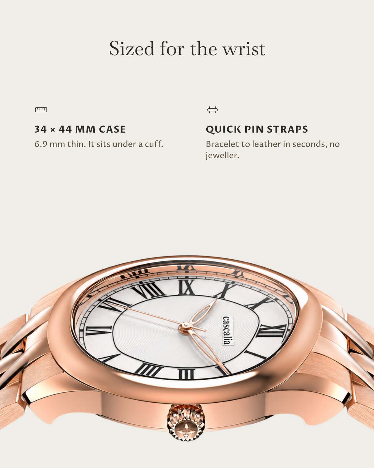 Tero Rosegold White: 34 × 44 mm case, 6.9 mm thick