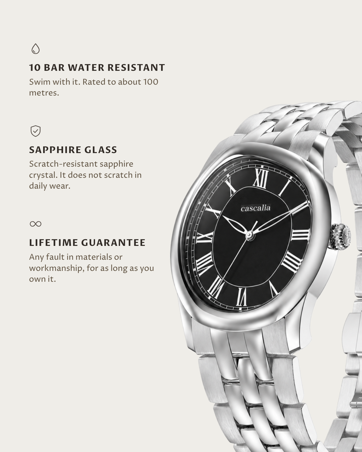 Tero Steel Black: 10 bar water resistant, sapphire glass, lifetime guarantee
