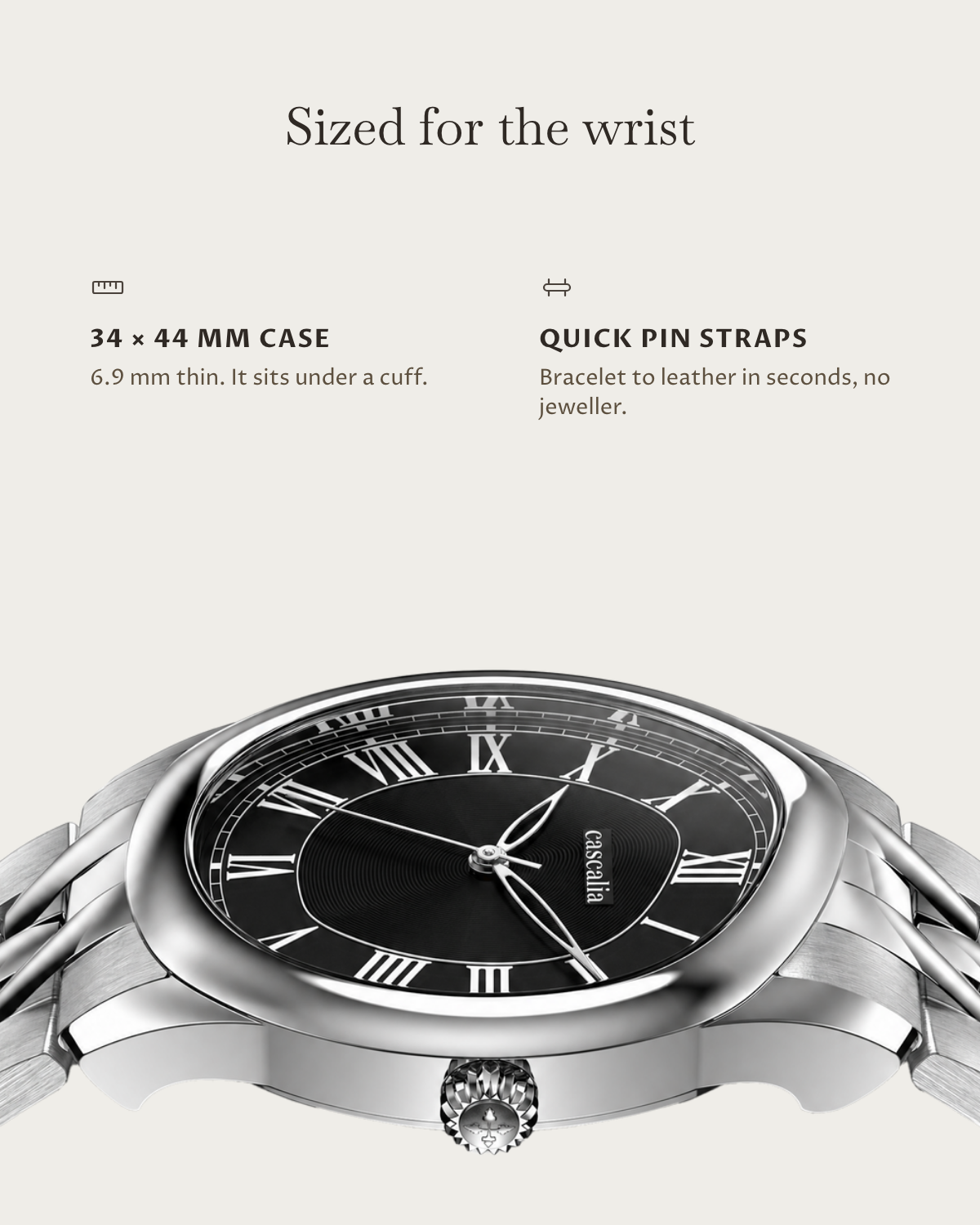 Tero Steel Black: 34 × 44 mm case, 6.9 mm thick