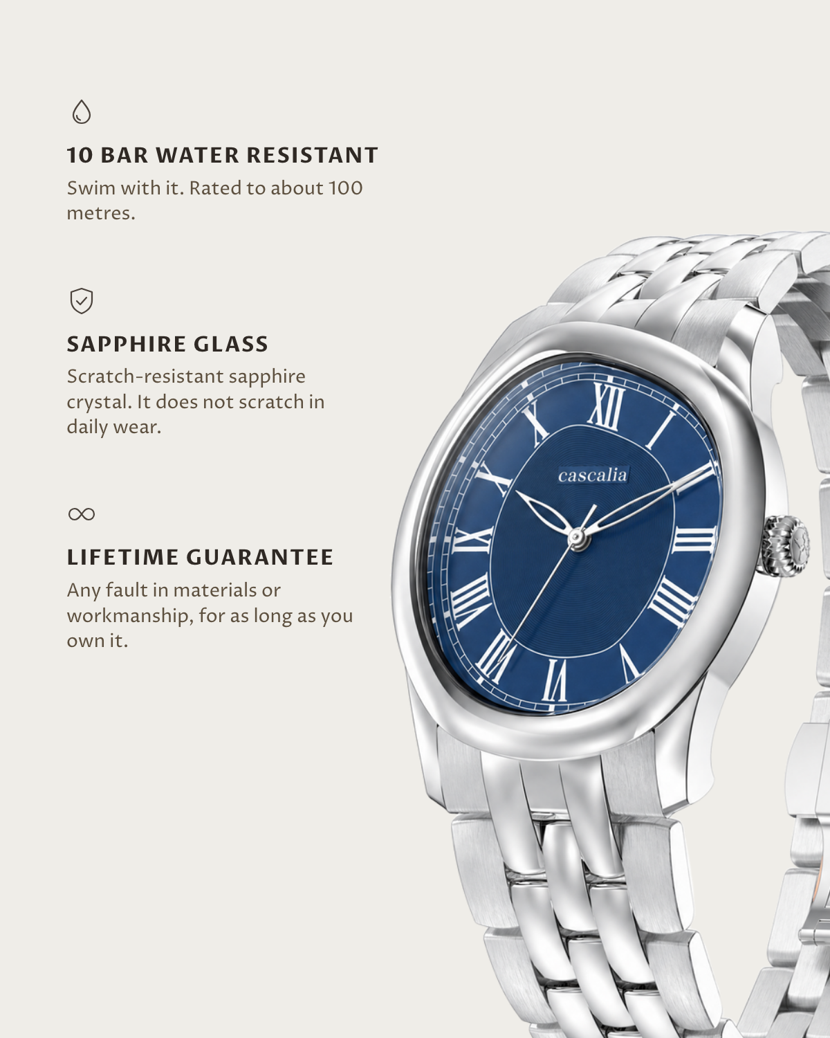 Tero Steel Blue: 10 bar water resistant, sapphire glass, lifetime guarantee