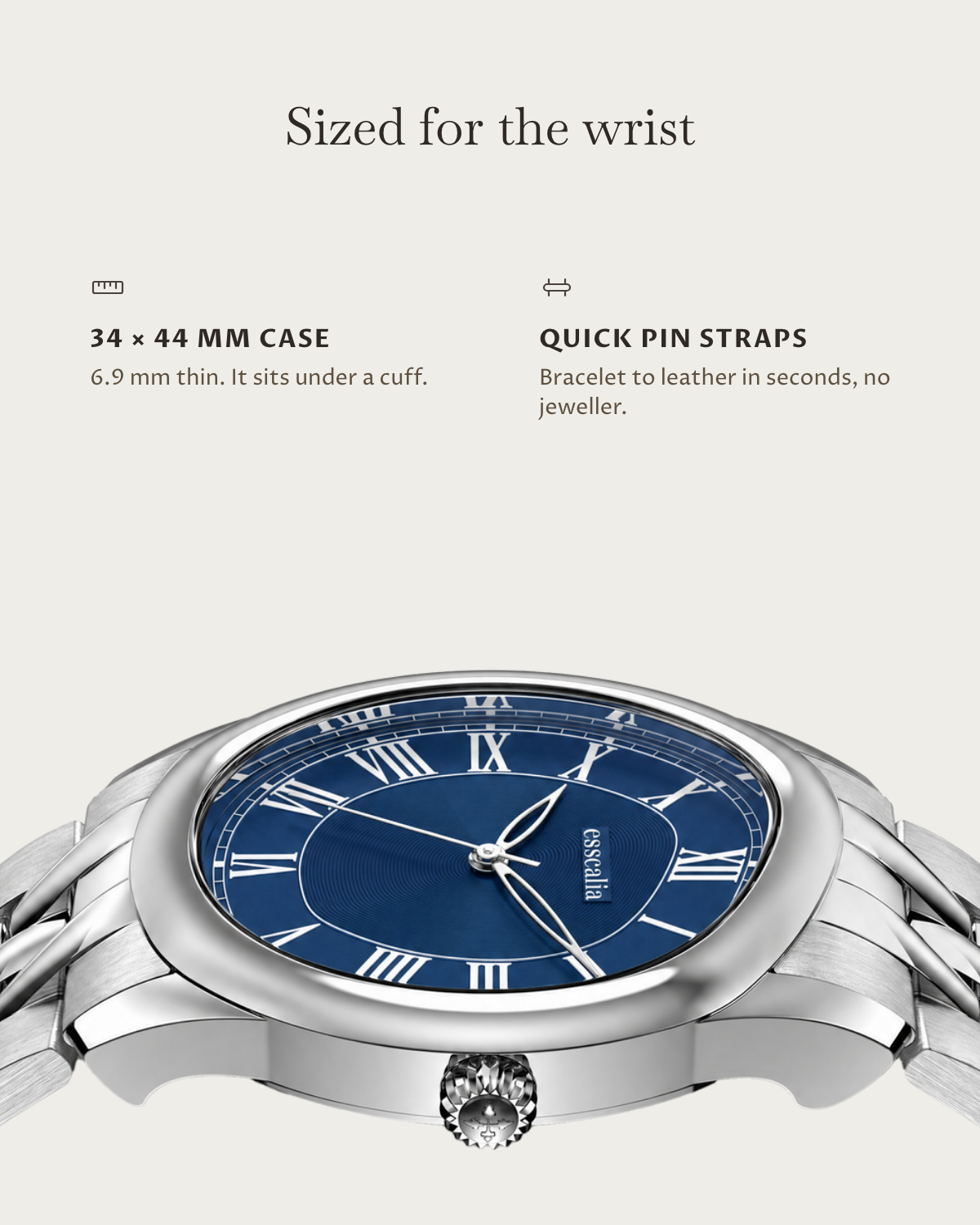 Tero Steel Blue: 34 × 44 mm case, 6.9 mm thick