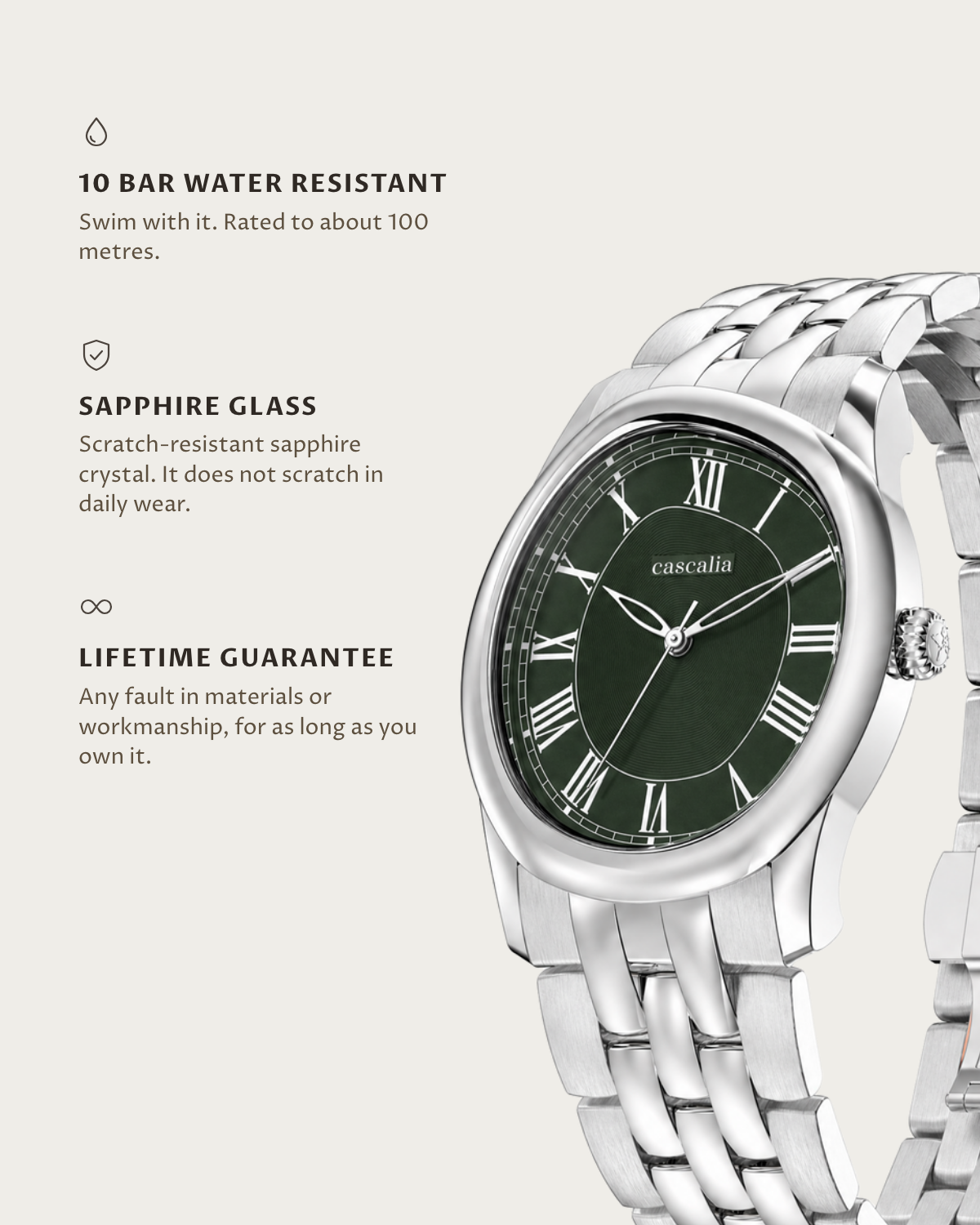 Tero Steel Green: 10 bar water resistant, sapphire glass, lifetime guarantee