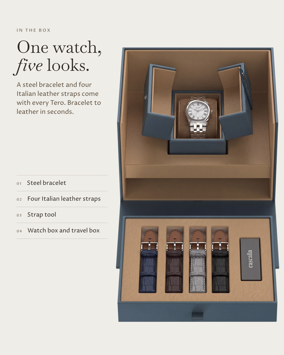 Tero Steel White in the box: steel bracelet, four Italian leather straps, watch box and travel box